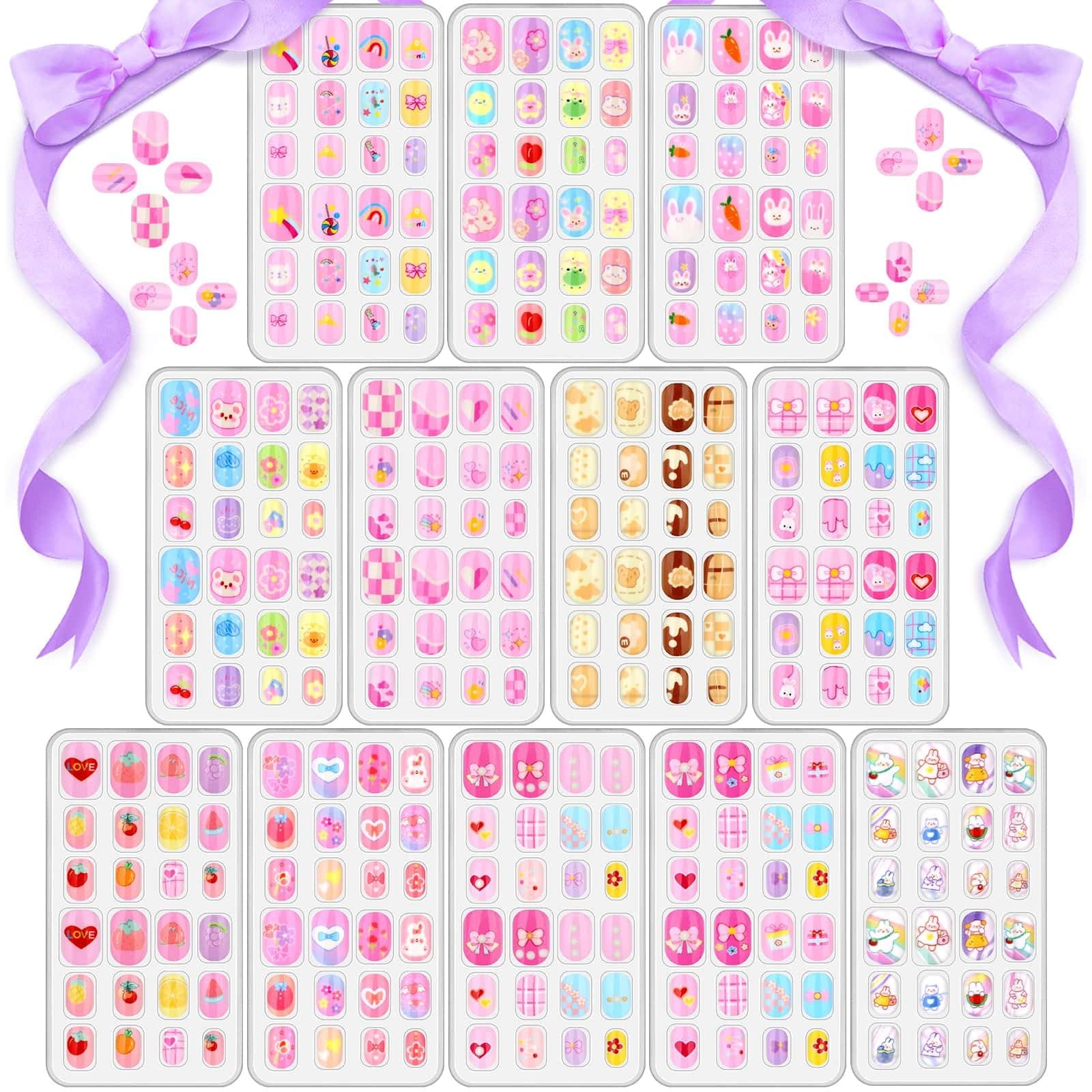 288 Pieces Kids Stick on Nails Girls, Acejoz Fake Nails Set Self Adhesive Press
