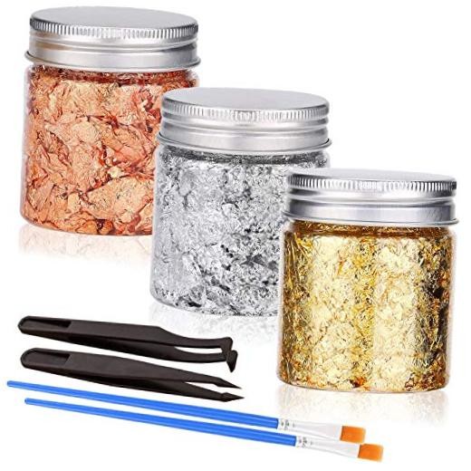 Gold Foil Flakes with Tweezers and Brush, 3 Colors Imitation Gold 3color-9g