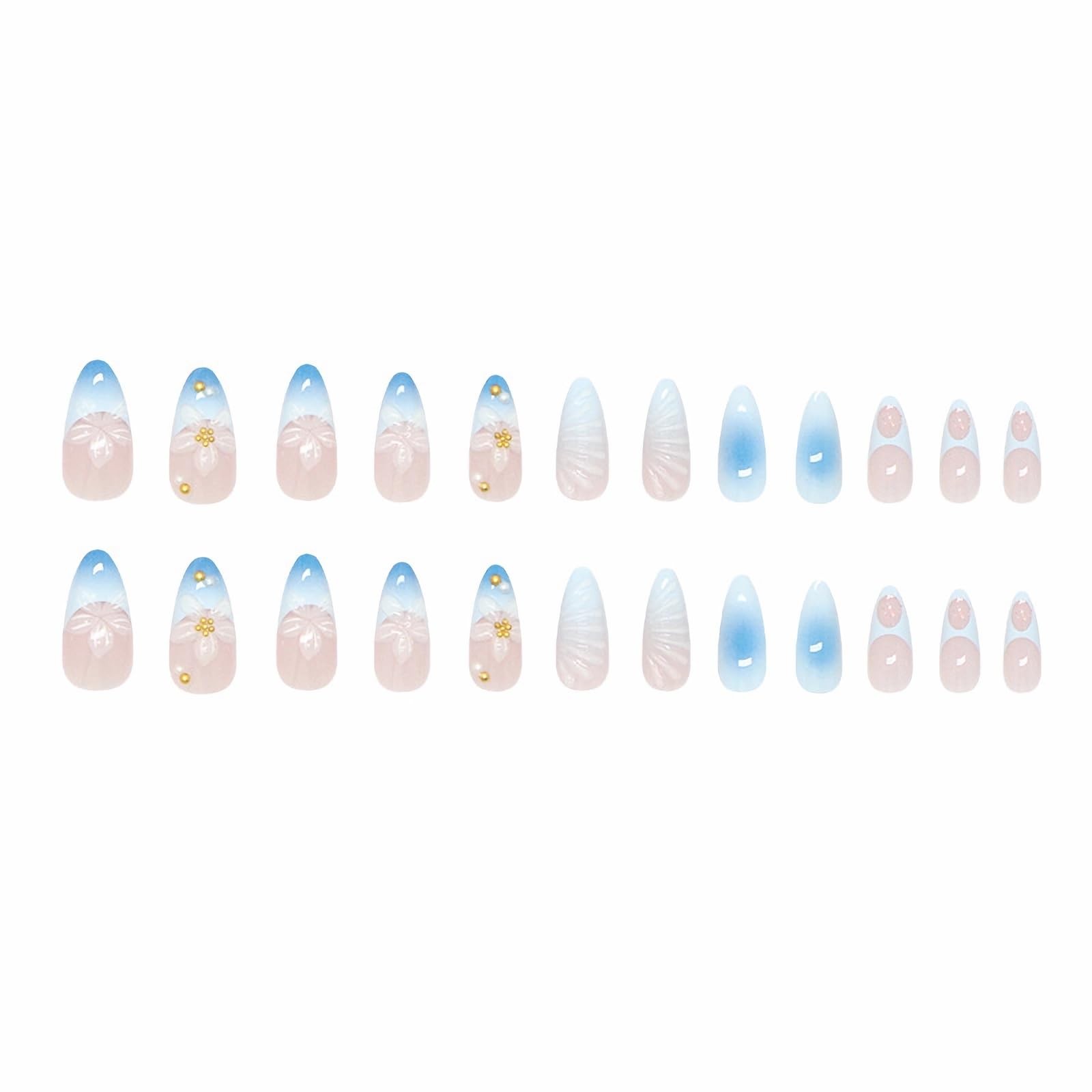 Press on Nails Almond Medium Blue Ombre French Tip Fake Nails Summer 3D Shell…