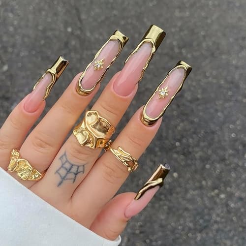 Press On Coffin Shaped Acrylic Glossy Full Cover Square Gold French and Star