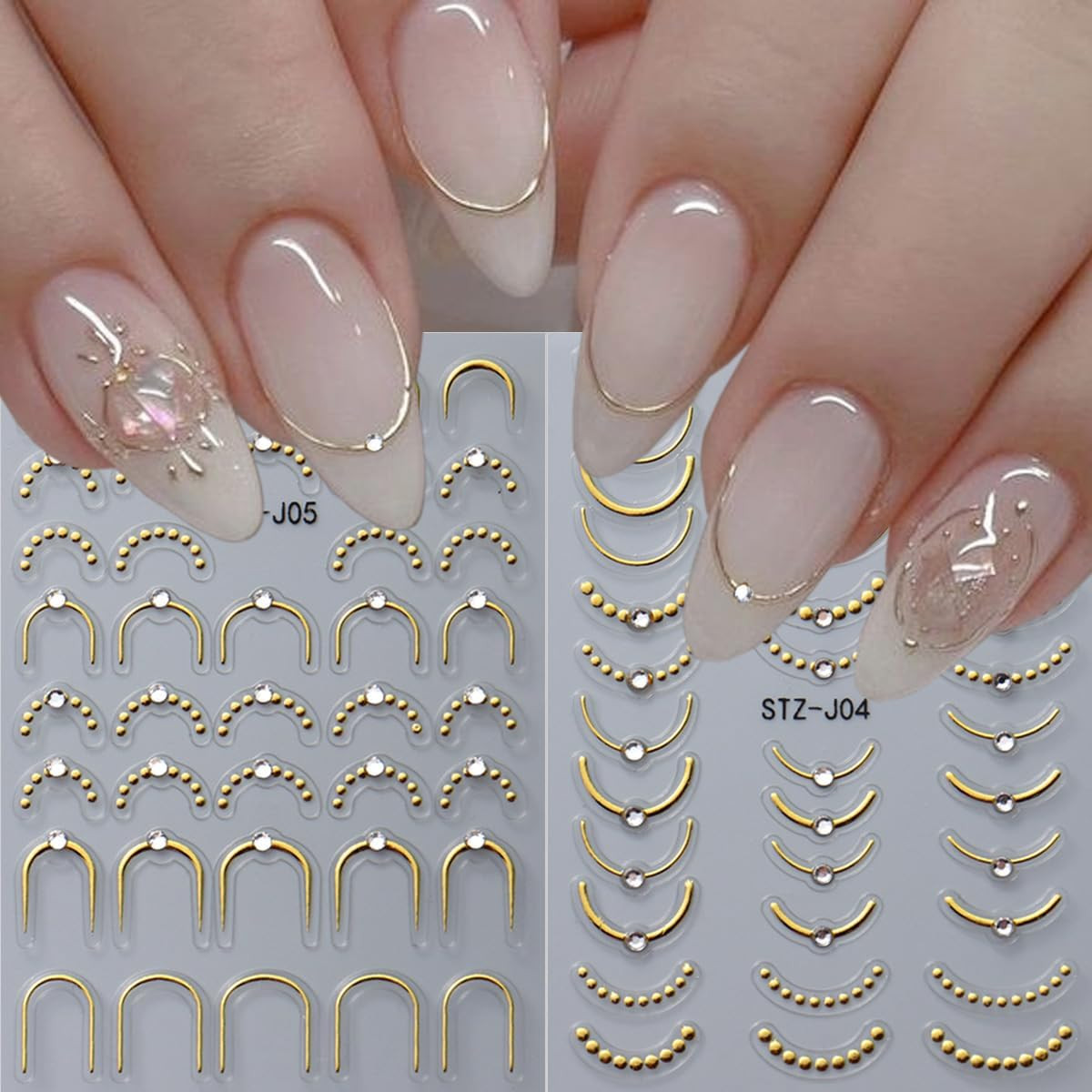 4 Sheets French Tip Nail Stickers 3D Self-Adhesive Gold Sliver Lines Nail Art