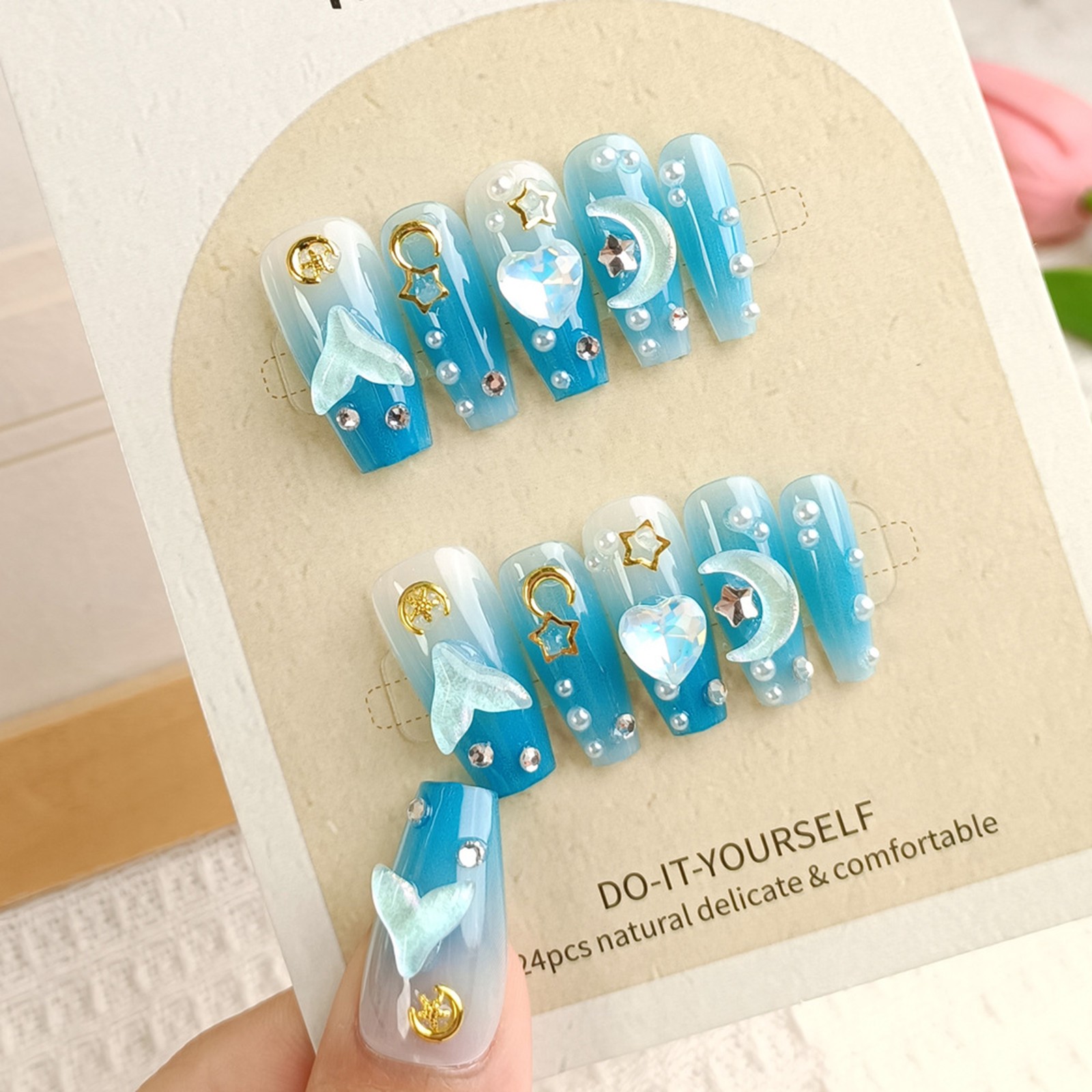 Nail Art Stickers 3D Heart Blue Icy Clear Ocean Moon Collection 10-Piece Set