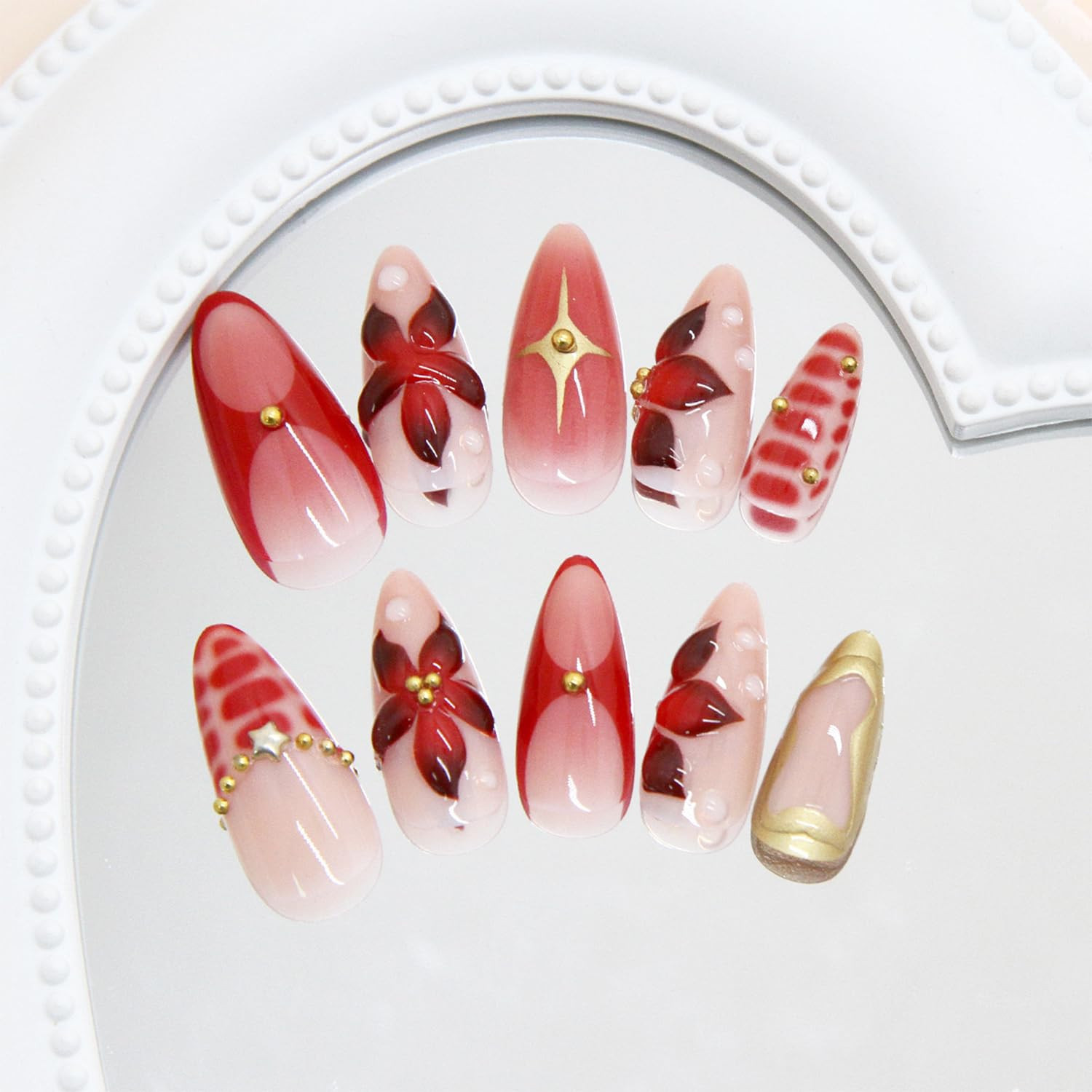 24 Pcs Red Flower Press on Nails Medium Almond Fake Nails with 3D Floral Gold Be