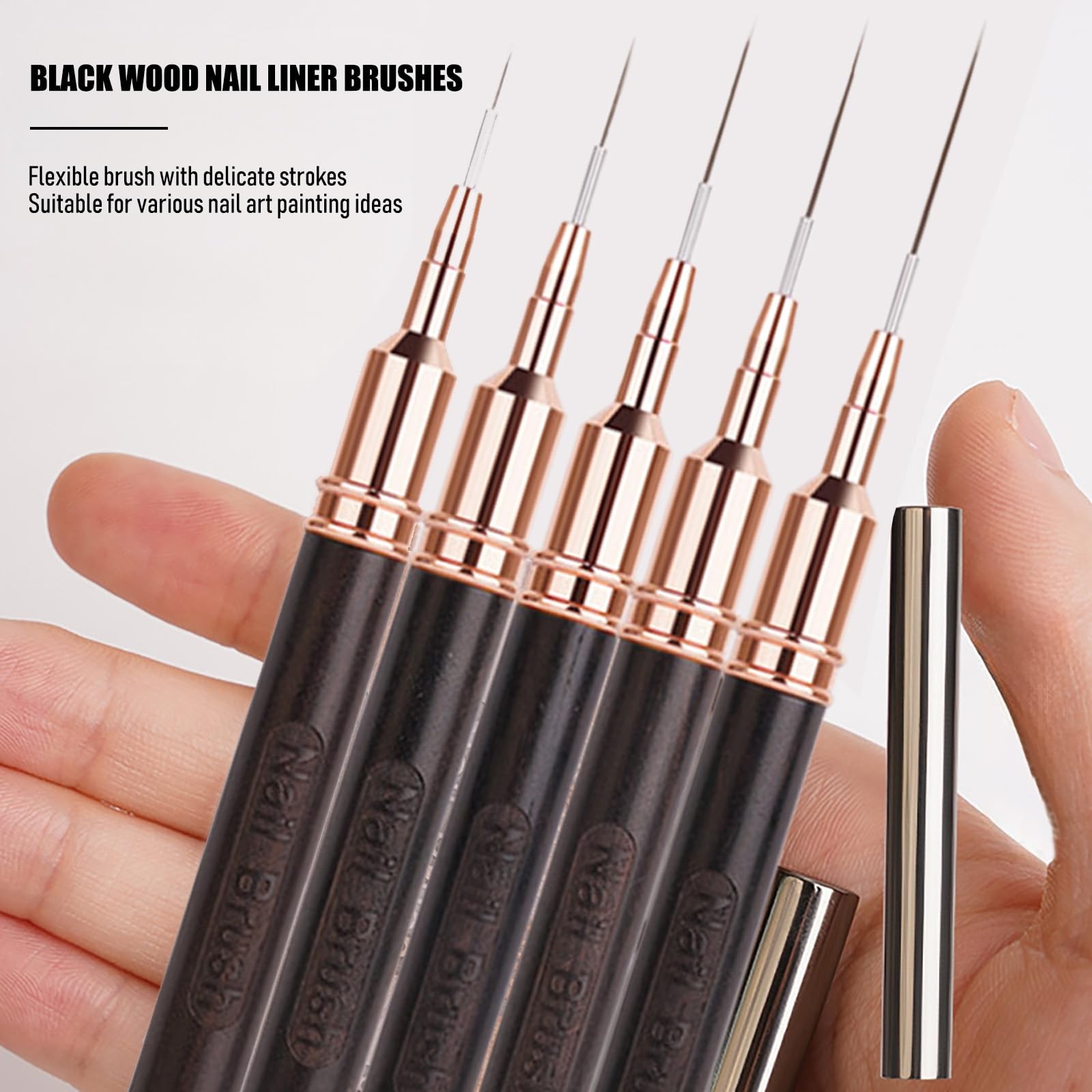 5 Pcs Black Wood Nail Art Liner Brushes Details Painting Nail Art Design Brus…