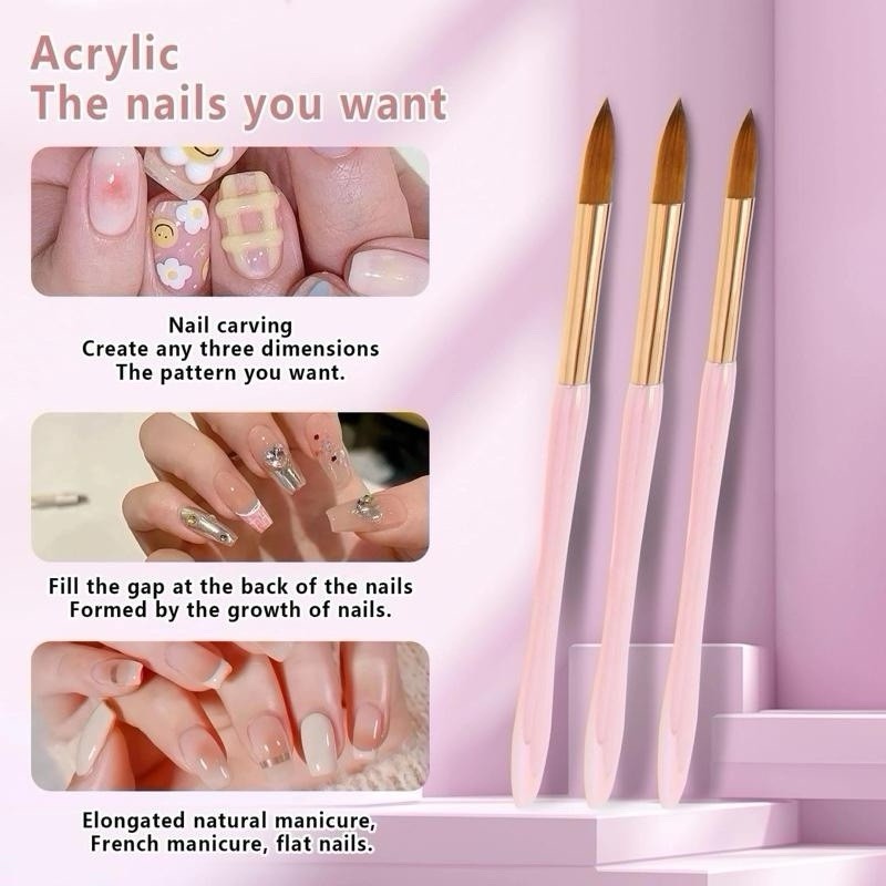 3Pcs Acrylic Nail Brush Set Size 8/10/14 Professional Brushes Pink Long Handle