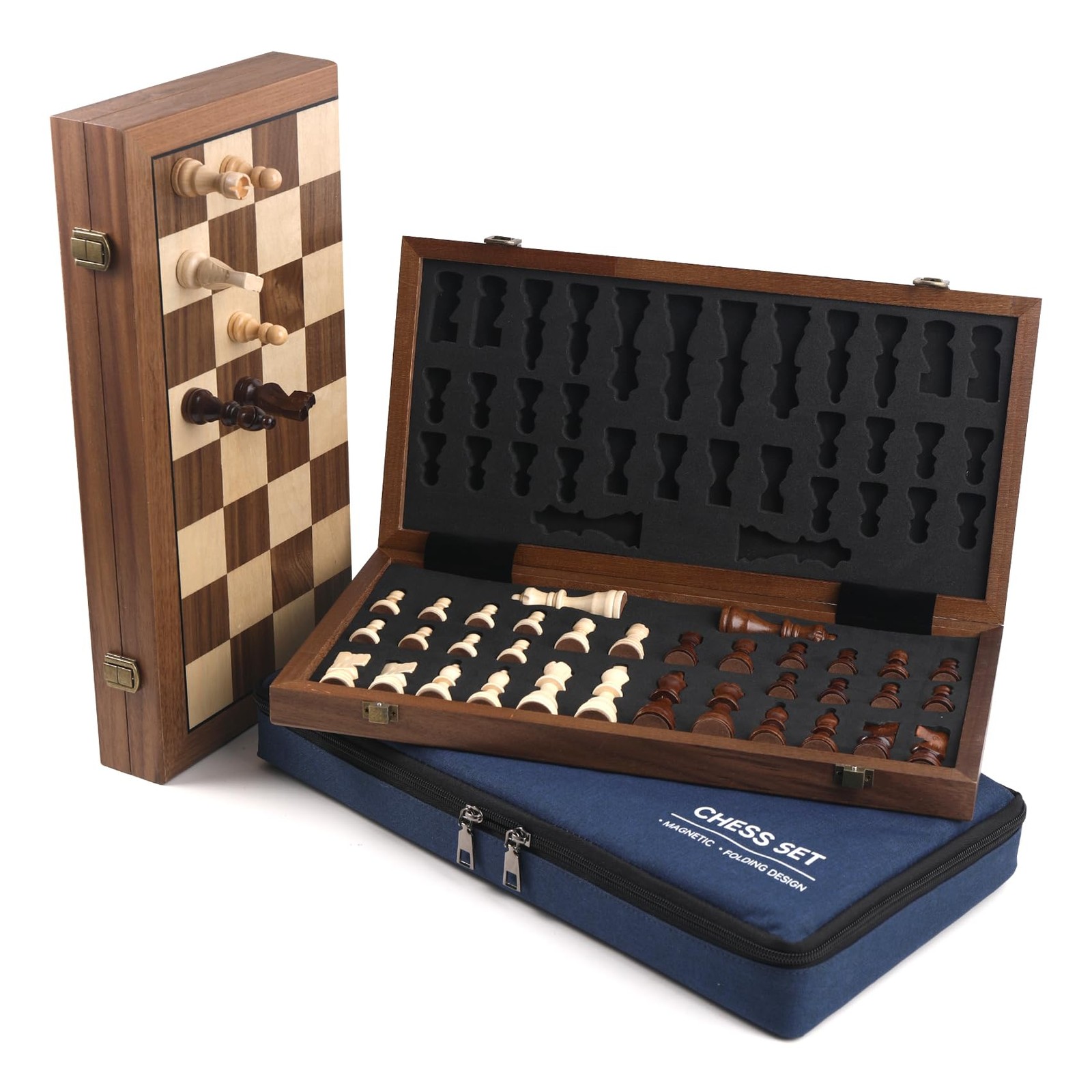 Ajedrez Magnetic Wooden Chess Set, 15″ Walnut Folding 15 inches, Blue
