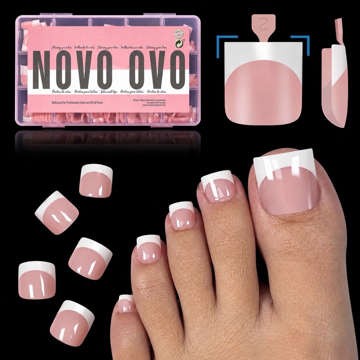 NOVO OVO French Tip Medium, Sharp Square tip Toe Nail Tips BabyPink