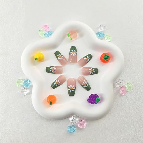Coffin Press on Nails Medium Green French Tip False Nails with White Flower
