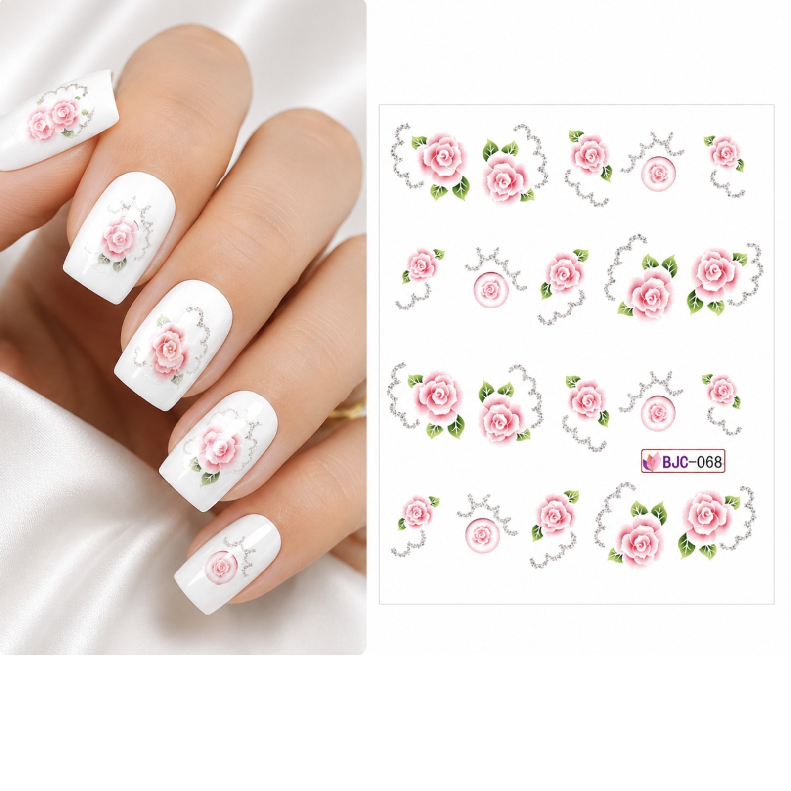 pink Rose Flower Water Transfer Silver Nail Decal DIY Manicure Blossom Finger