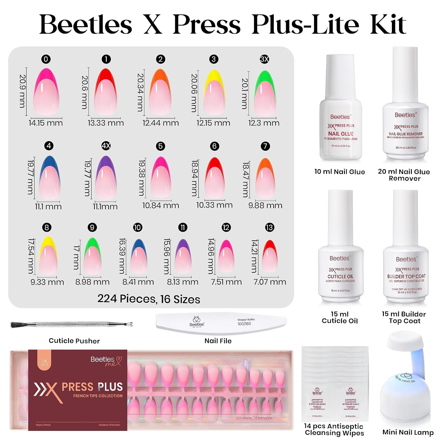 Press on Nail Kit – 7 Colors Short Almond French Tip Nails, 224Pcs | 16 Sizes Fa