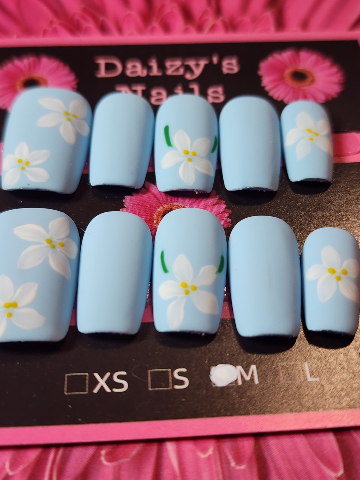 Medium Size Baby Blue Matte Daisy Nail Set Handmade Squoval 2.0 Cm Length