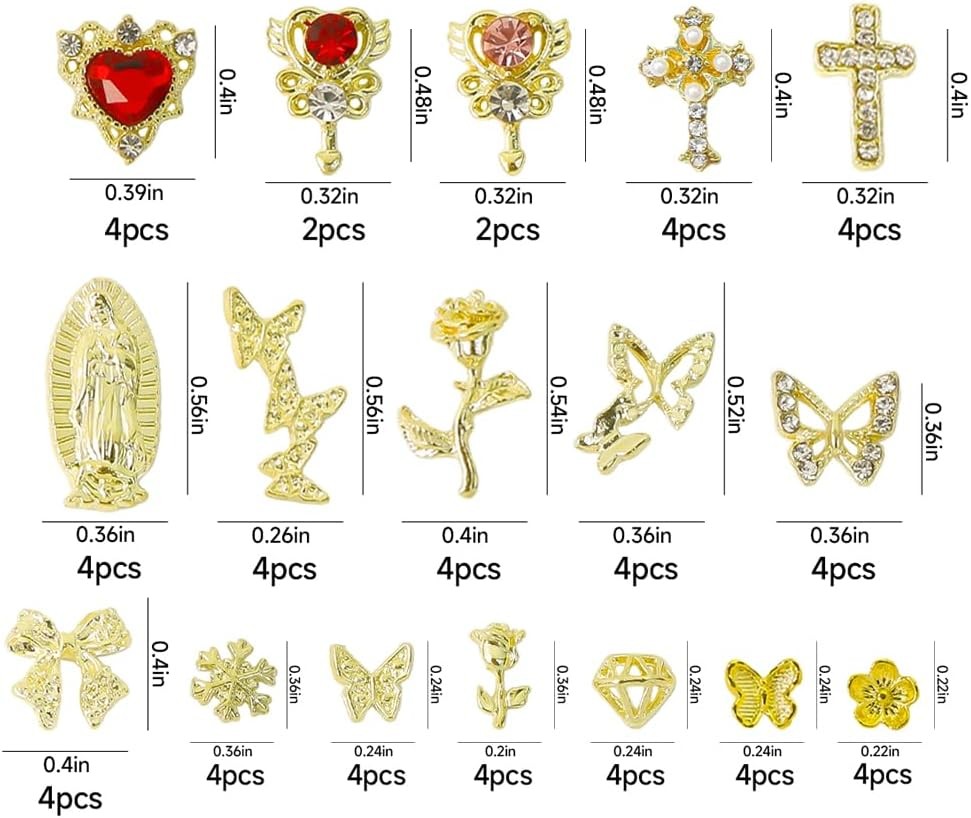64PCS Gold Nail Charms Set with Y2k Alloy Steel Gems, Rose,Butterfly，Diamonds，He