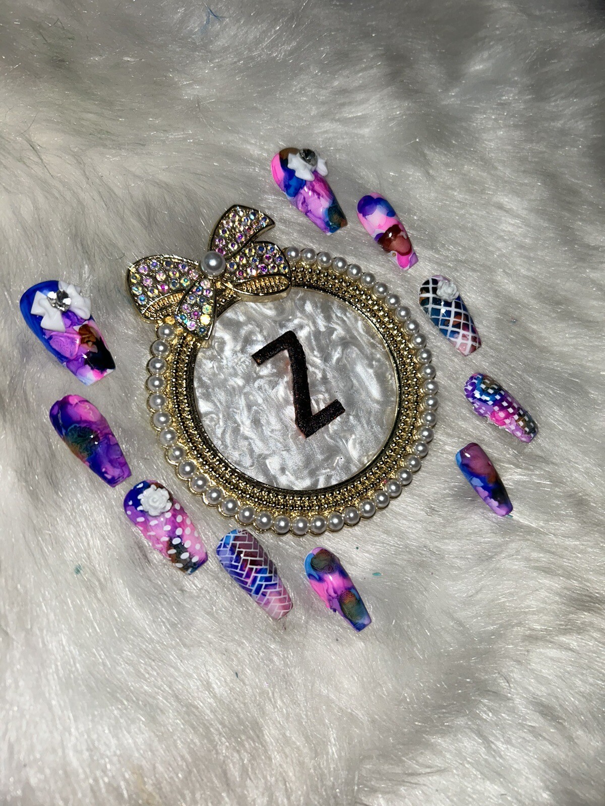 Z NAILZ! Handmade Tie Dye L Coffin W/White Stamps, Bows And Roses Press On Nails