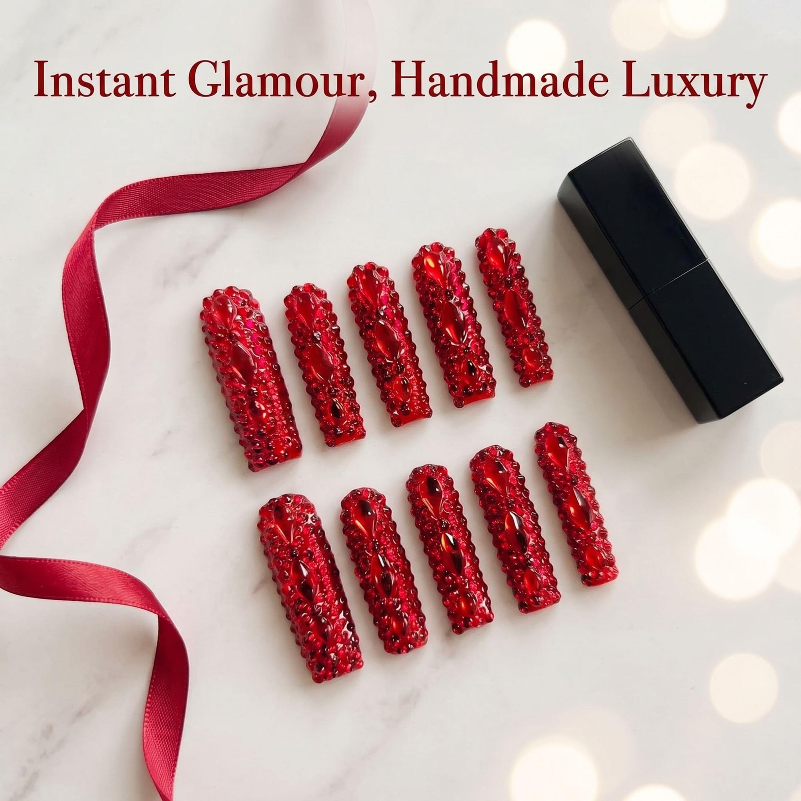 Extra Long Press on Nails Handmade Square Fake Nails Sparkly Red Rhinestones …