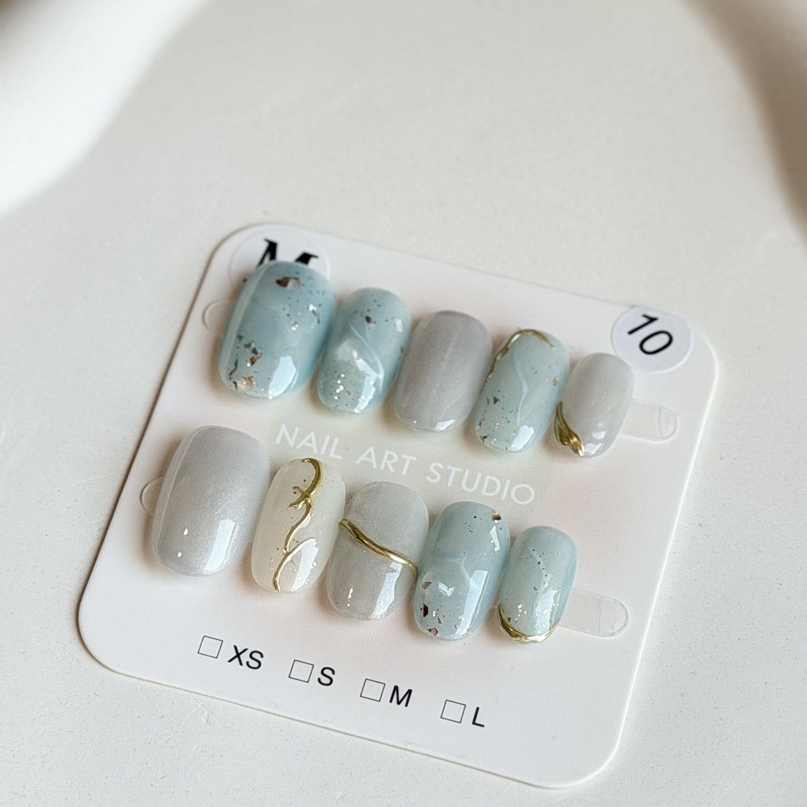 Handmade Light Blue Press-On Nails Size M Short Oval Reusable Fake Nail