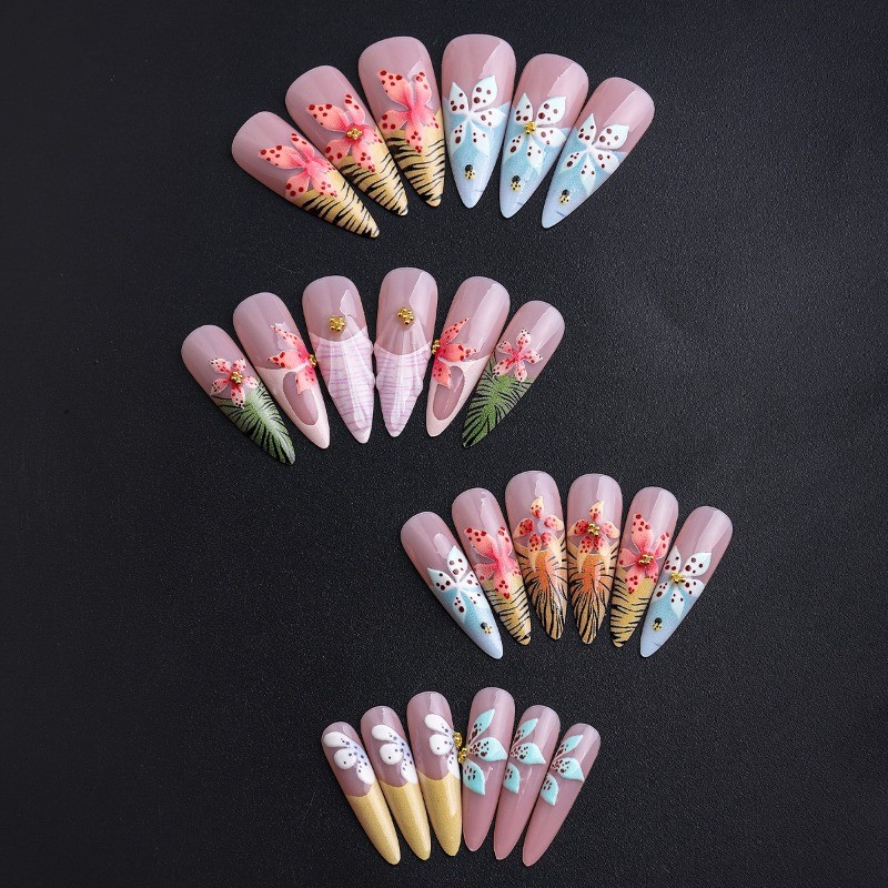 48Pcs-Summer Hibiscus Art Press on Nails Glossy Long Stiletto Nail Art Set