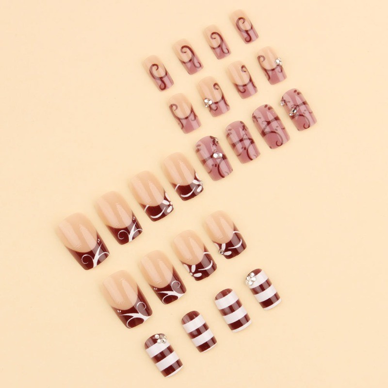 48pcs-Vintage Swirl Press on Nails, Medium Coffin Pink Brown Striped False Nails