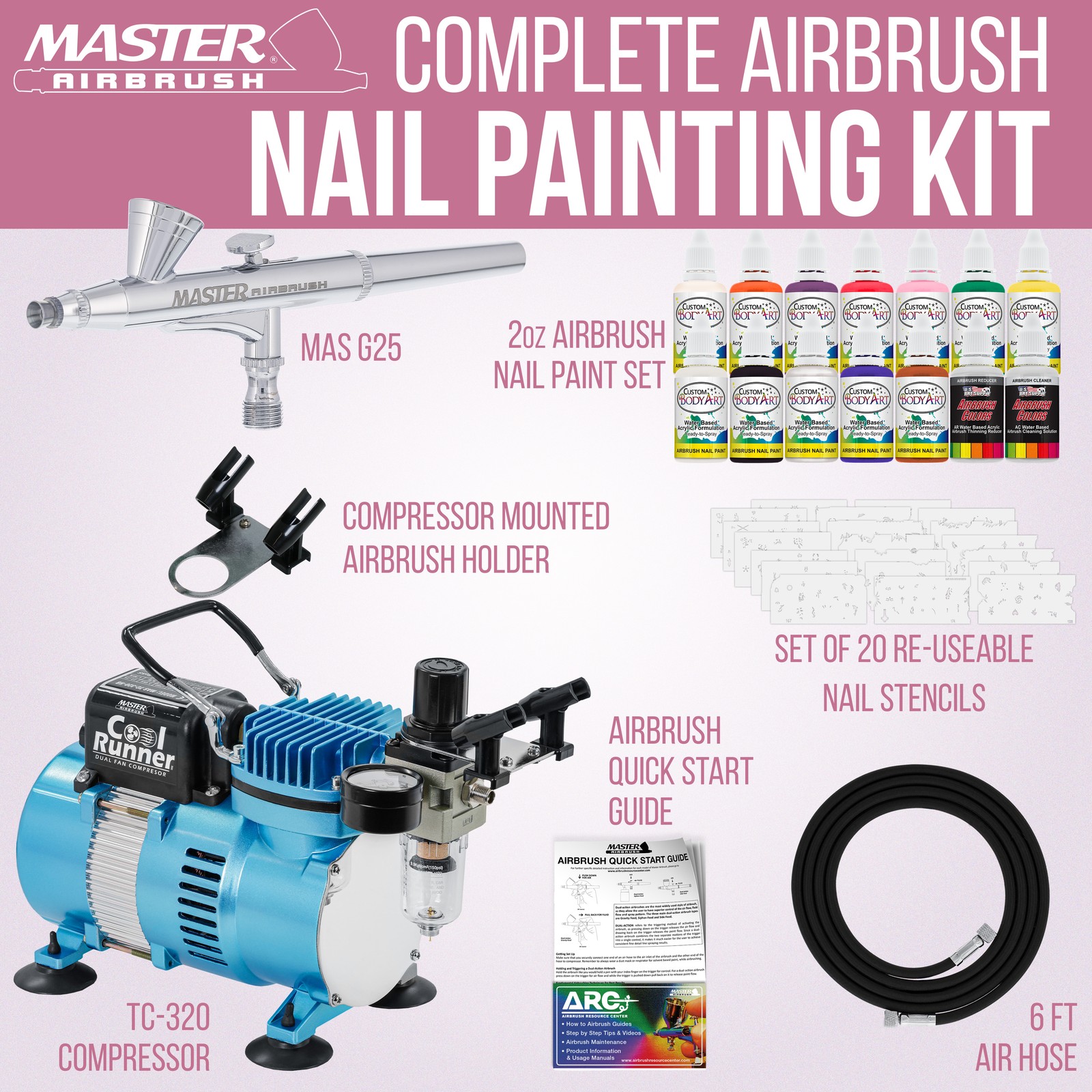 NAIL ART AIRBRUSH KIT-SET-Air Compressor-Paint-20pk Stencil Design Dual Action