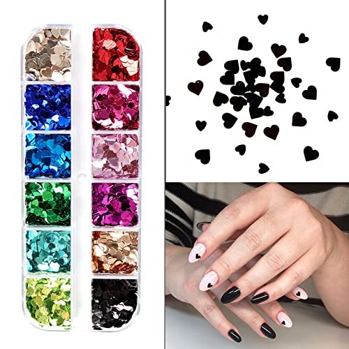 Heart Glitter Sequins for Valentine’s Day Nail Art,12 Colors 3D Holographic