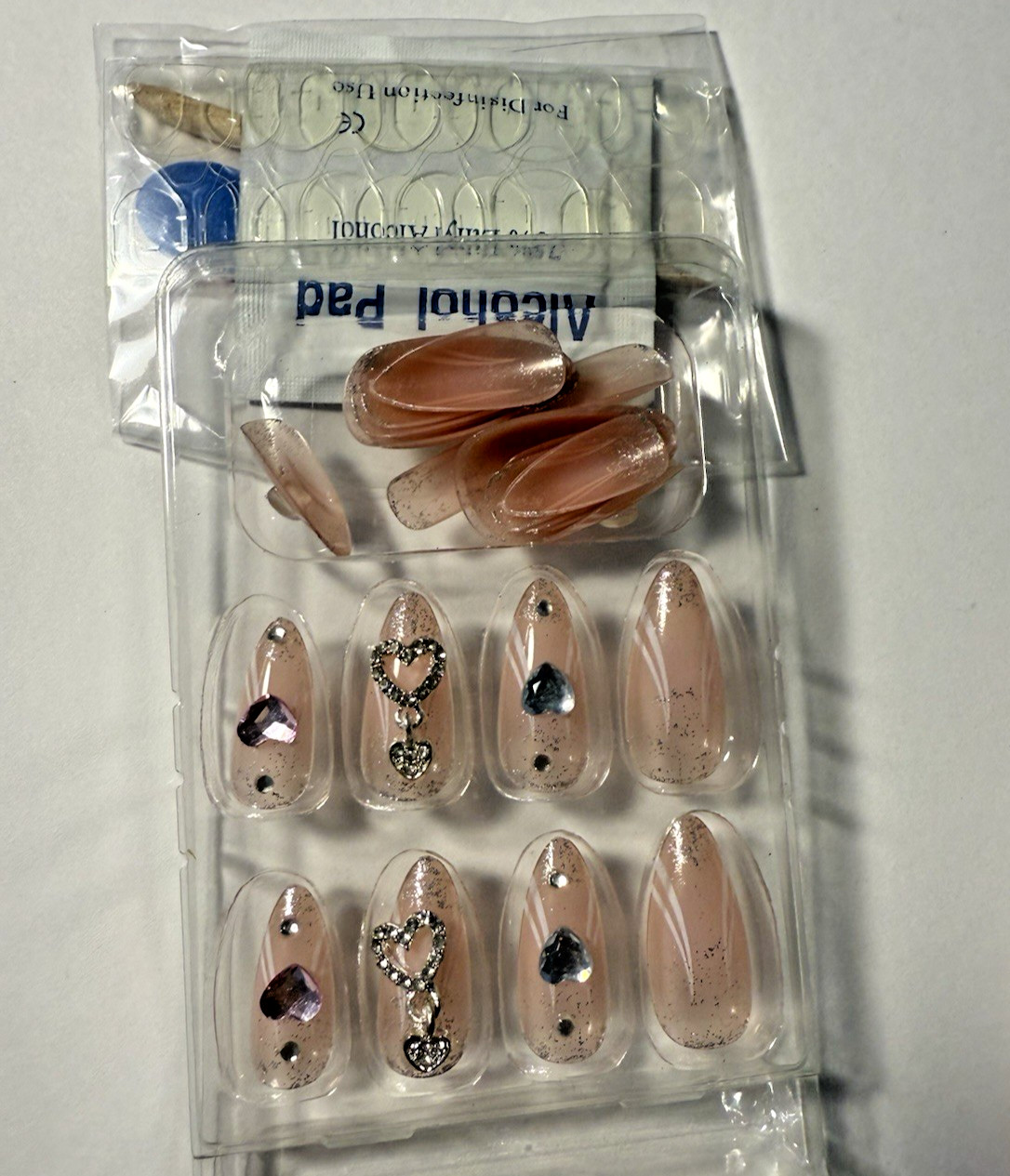 3-Pack Press-On Nails with Nail Charms – Nude, Heart, and Swirl Designs | 3D Nai