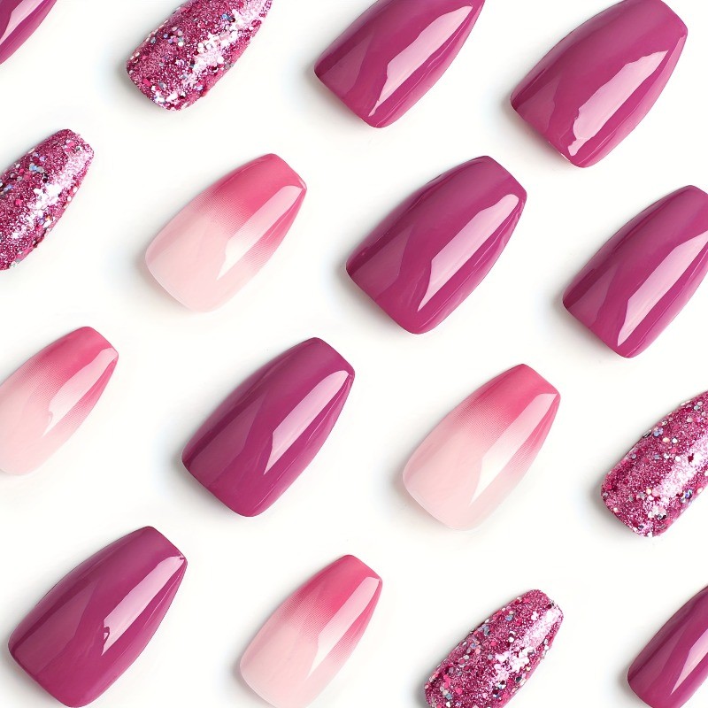 48pcs Pink Ombre Press on Nails Short Square with Holographic Glitter Accents