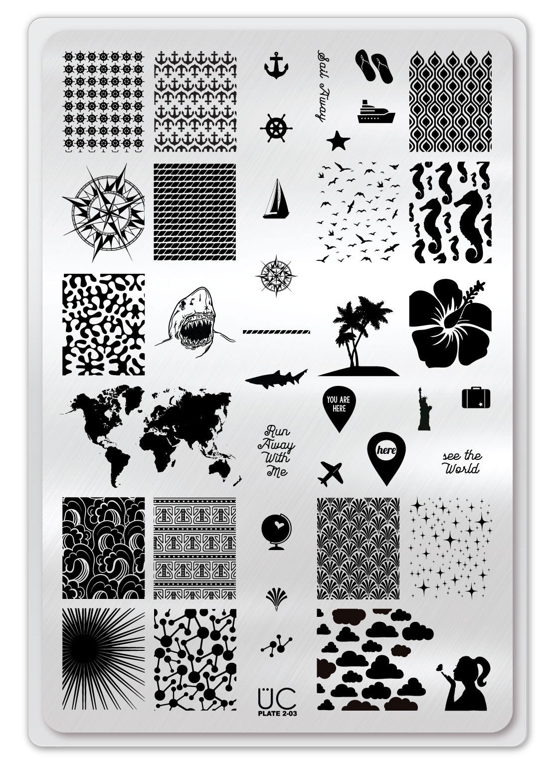 UBER CHIC UC 2-03 Nail Stamp Plate UberChic Travel Around The World Shark Ocean