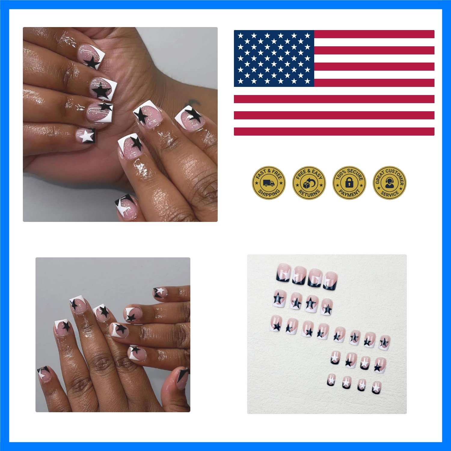 Square Press on Nails Short – White Black French Tip Fake Nails, Star Y2K Got…