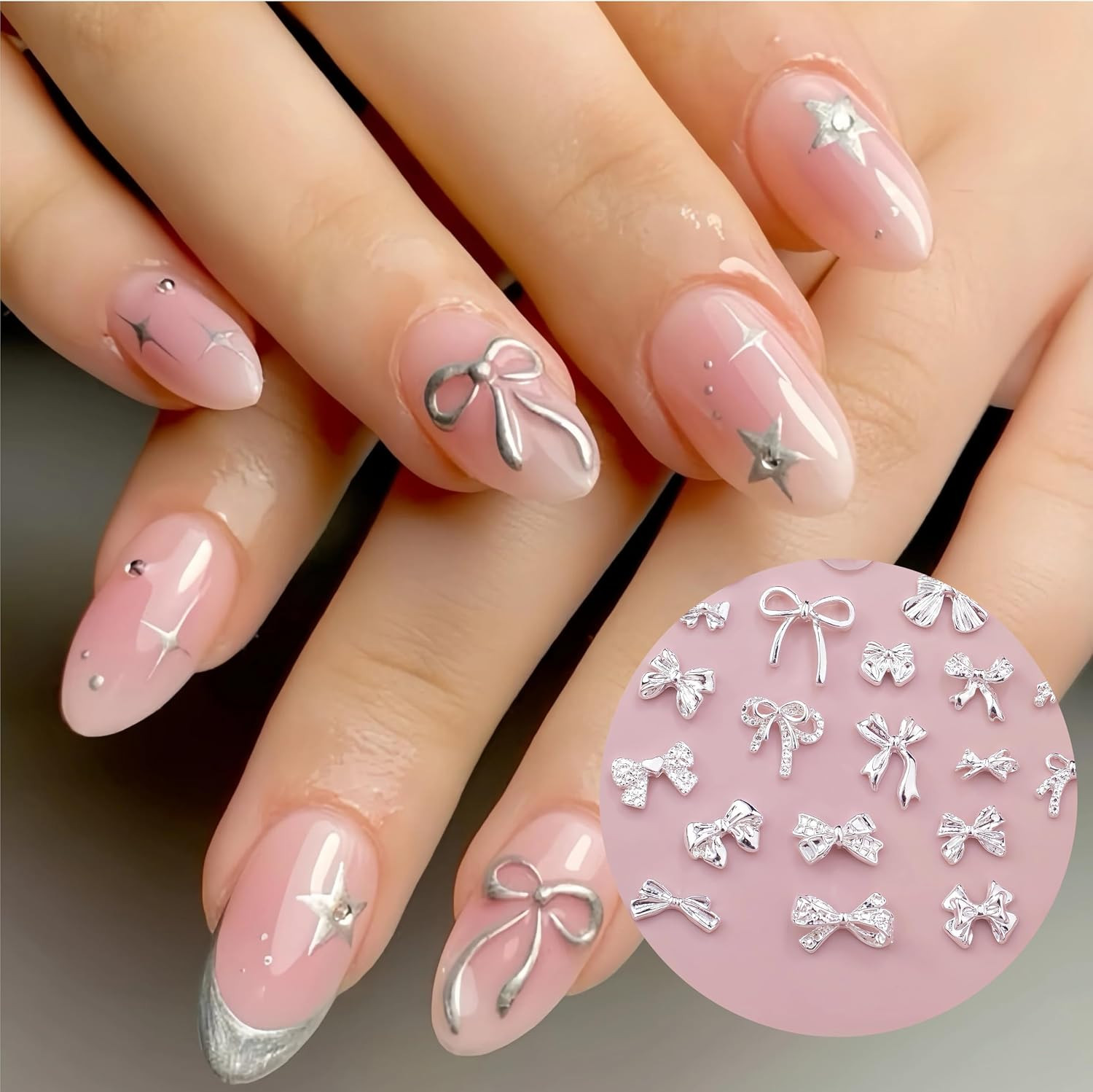 70PCS 3D Silver Bowknot Rhinestones Nail Art Charms Metal Bowknot Nail Rhineston
