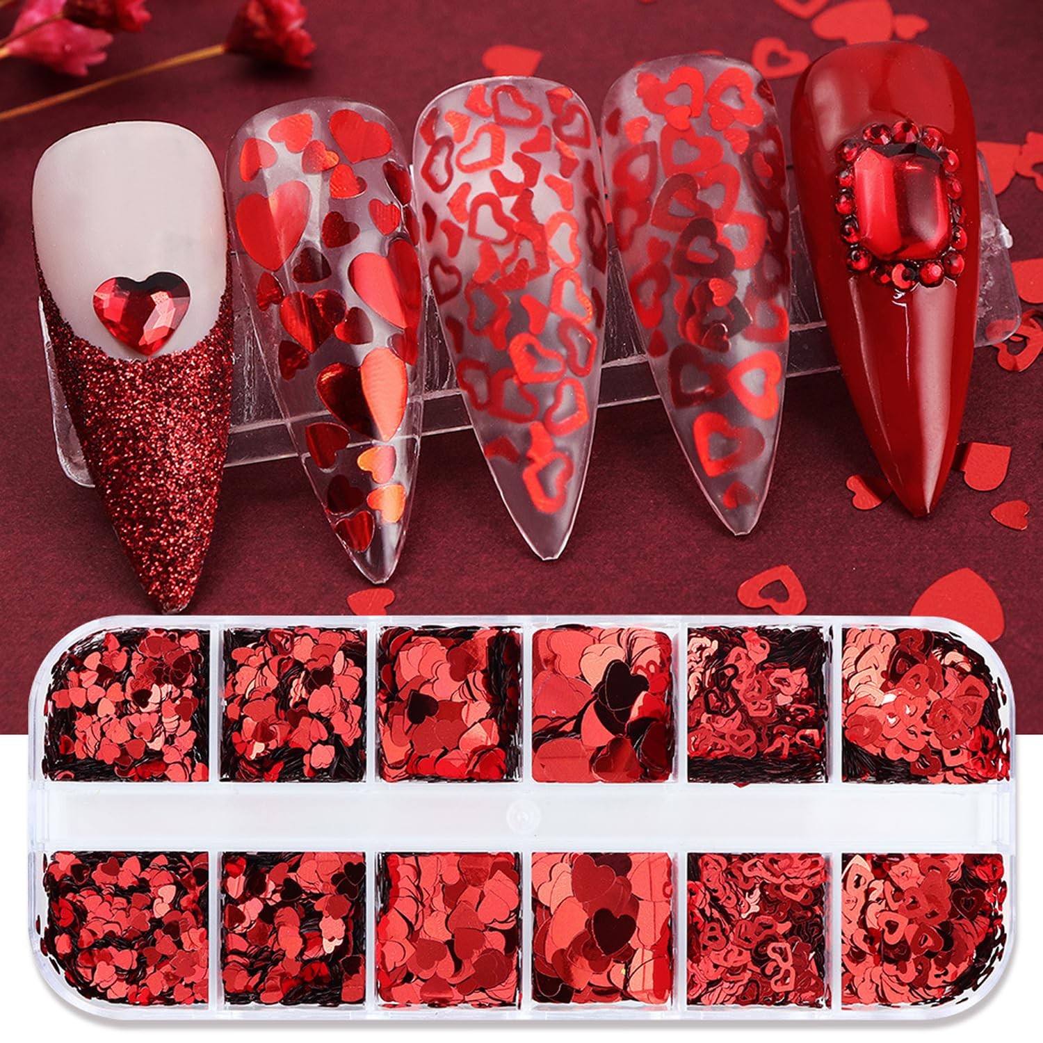 12 Grids Valentines 3D Heart Nail Glitter Sequins for Nail Art Decoration