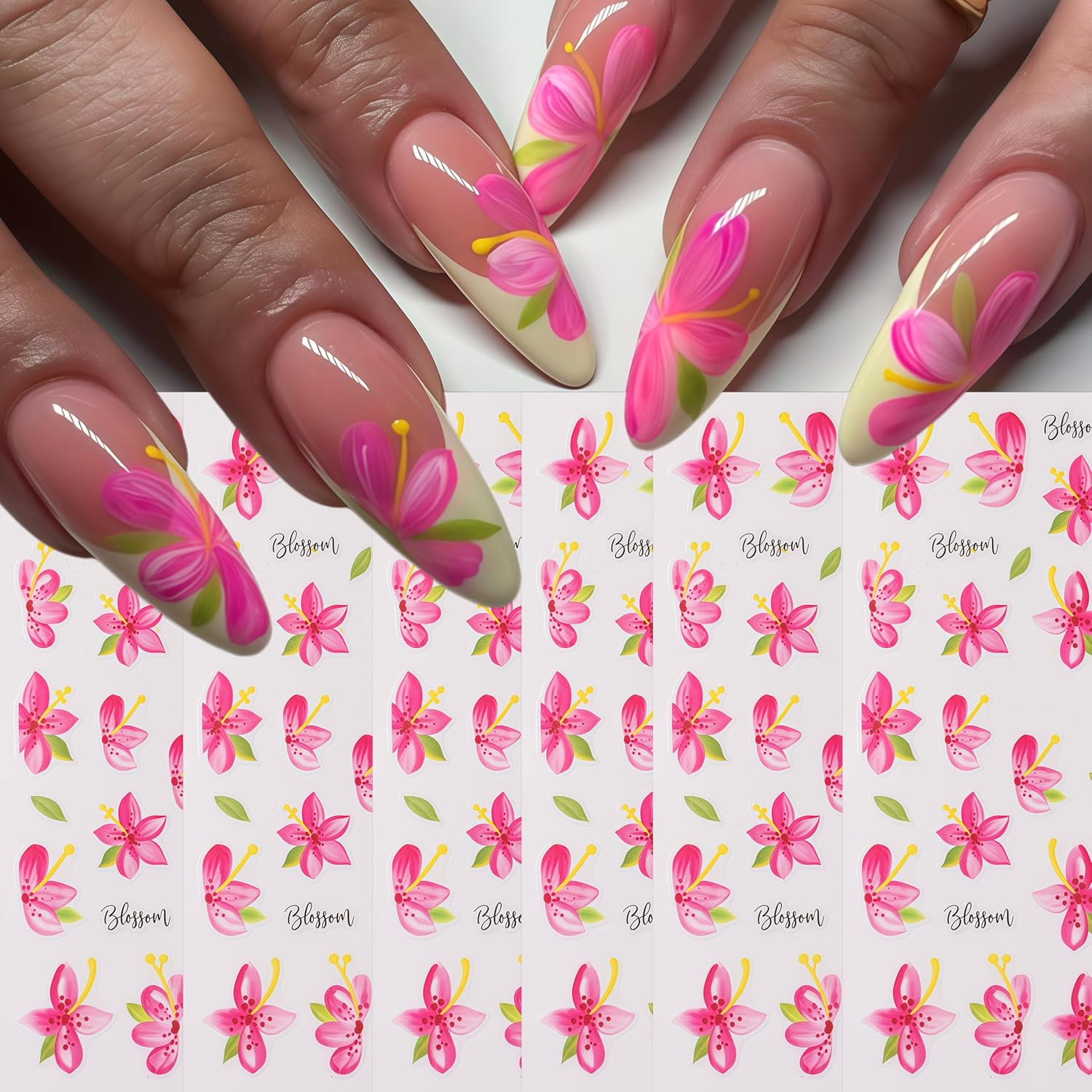 6 Sheets Flower Nail Art Stickers 3D Self-Adhesive Colorful Hawaiian Flowers Nai