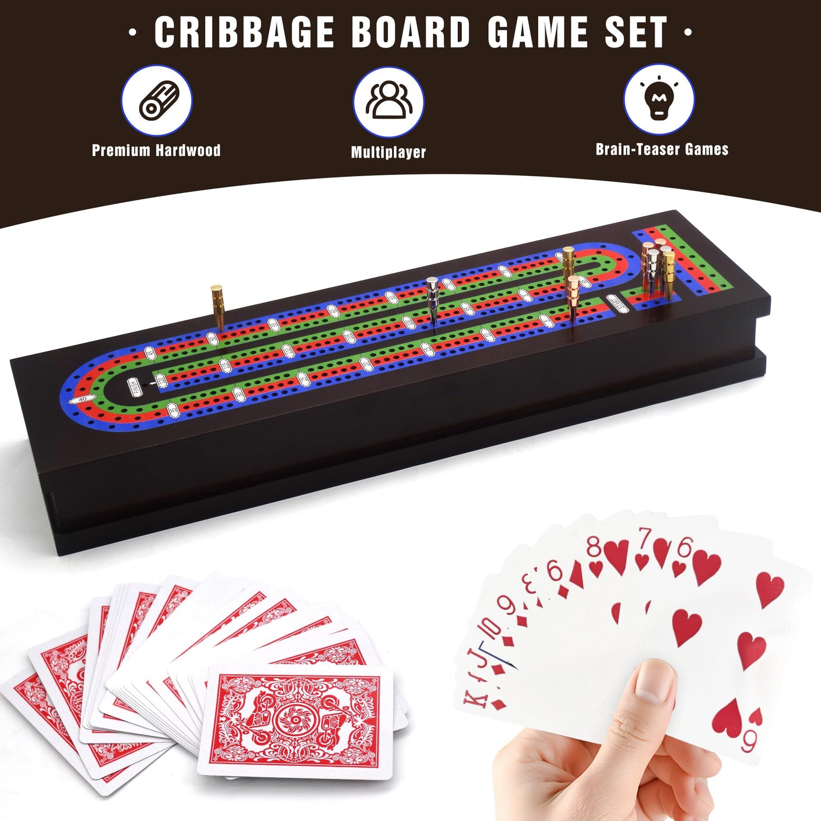 VVSBPL Wooden Cribbage Board Game Set with 15.5 x 4.5 x 2.1 inches, Brown