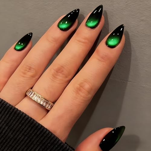 Cat Eye Press On Nails Almond – Dark Emerald Green Press On almond black teal