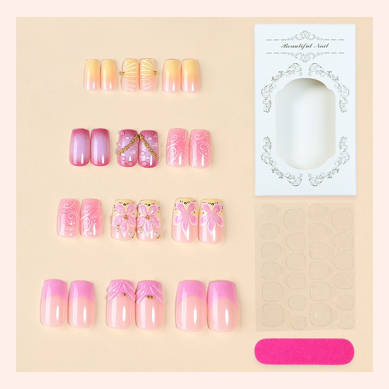 48pcs Long Square Press on Nails, Purple Pink 3D Flower Gold Charm Wedding Nails