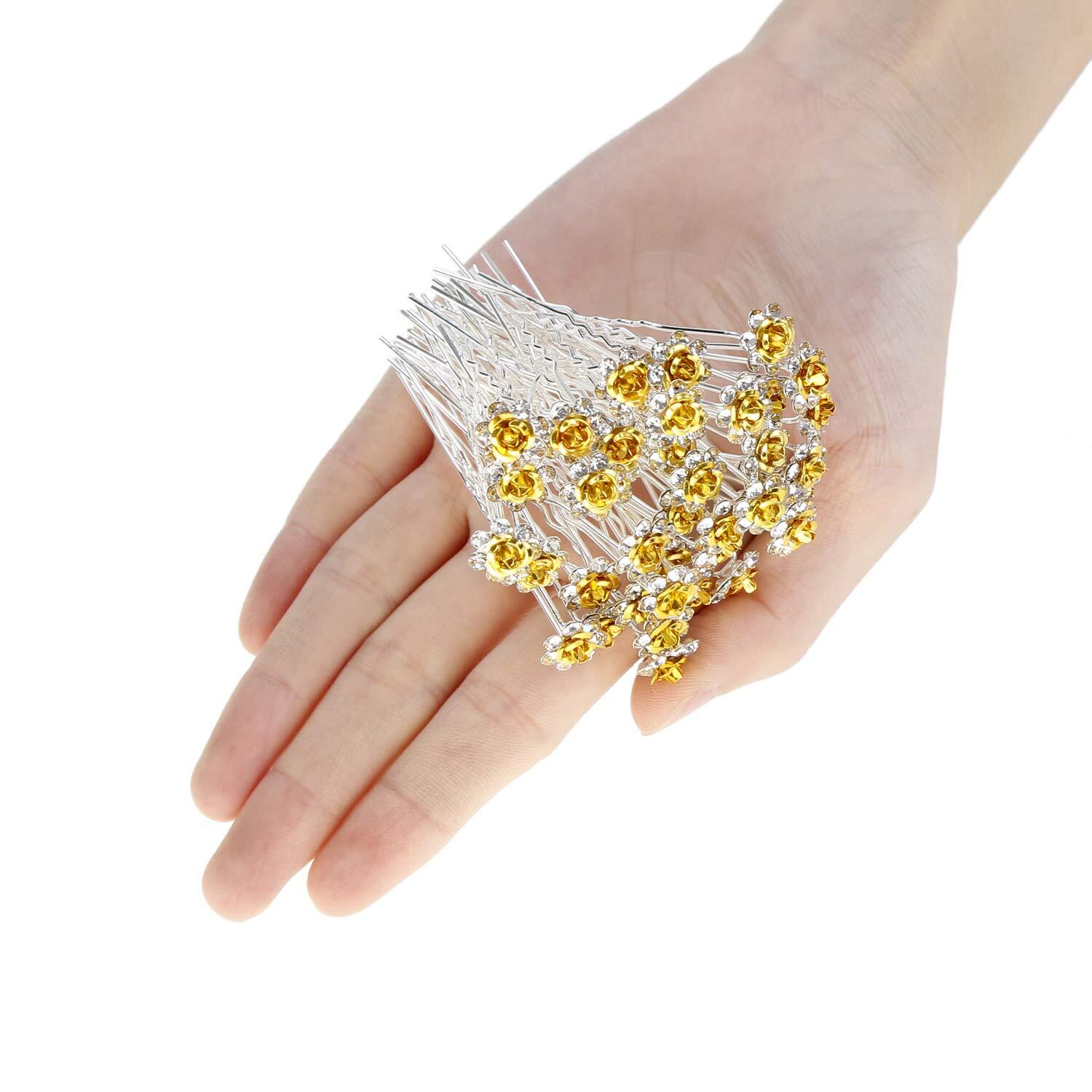 BETITETO 40 Pcs U-Shaped Flower Rhinestone Hair Pins Crystal Yellow
