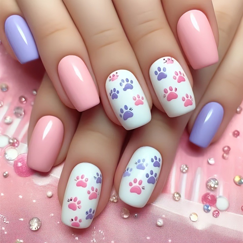 48 Pieces of Nail Gloss Finish, Cute Cat Paw Fake Nail Art in Pink and Purple