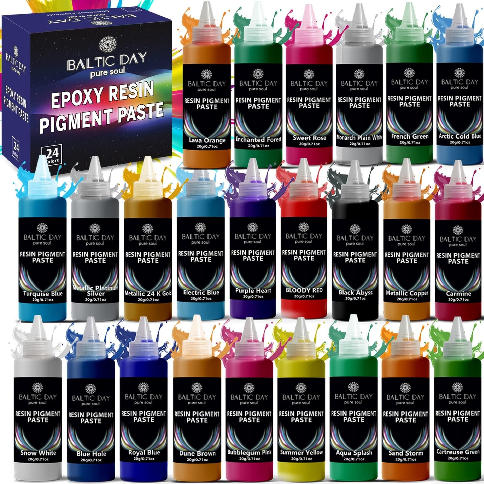 BALTIC DAY 24 Colors Epoxy Resin Pigment Paste Set – 20g Each, Highly Conc