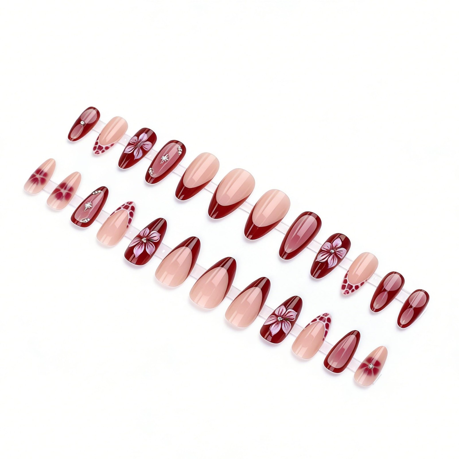 24Pcs 3D Flower French Tip Press on Nails Almond Fake Nails Burgundy Gradient…