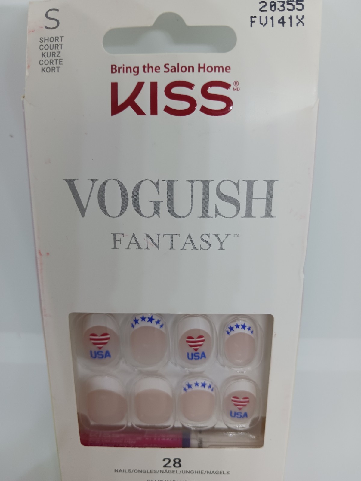 Kiss VOGUISH FANTASY GLUE ON NAILS 28 short ALMOND PATRIOTIC FRENCH “SMOOTH” NEW