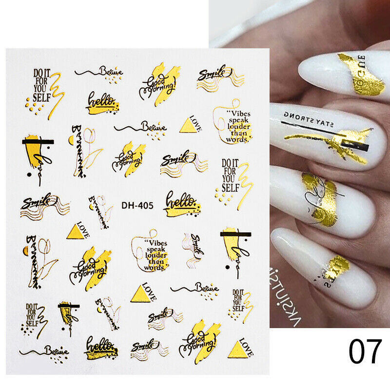 Abstract Geometry Stickers Nail 3D Words Gold Black Line Adhesive Decals NH12