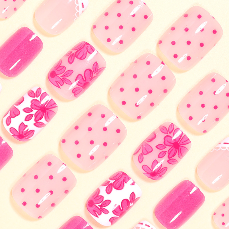 48pcs Short Square Press on Nails, Pink White Floral Lace Polka Dot Print Nails