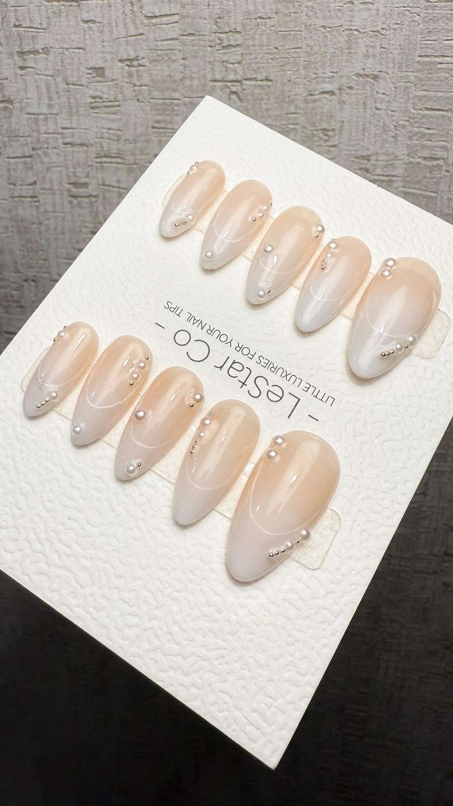 Handmade Sheer Nude White Line Pearl Bead Long Almond Press on Nails Set