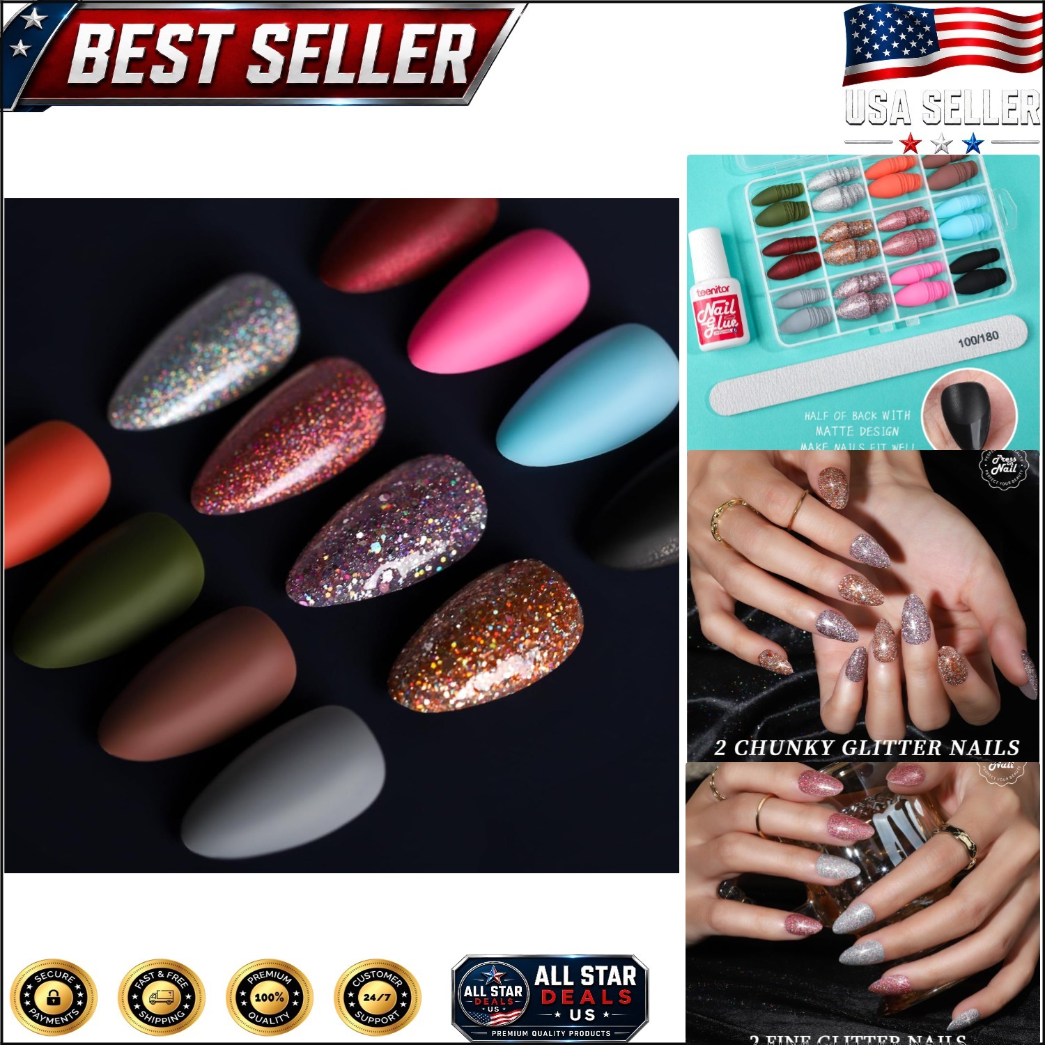 12 Sets of Short Almond Press On Nails with Glue & Nail File: 288PCS Variety