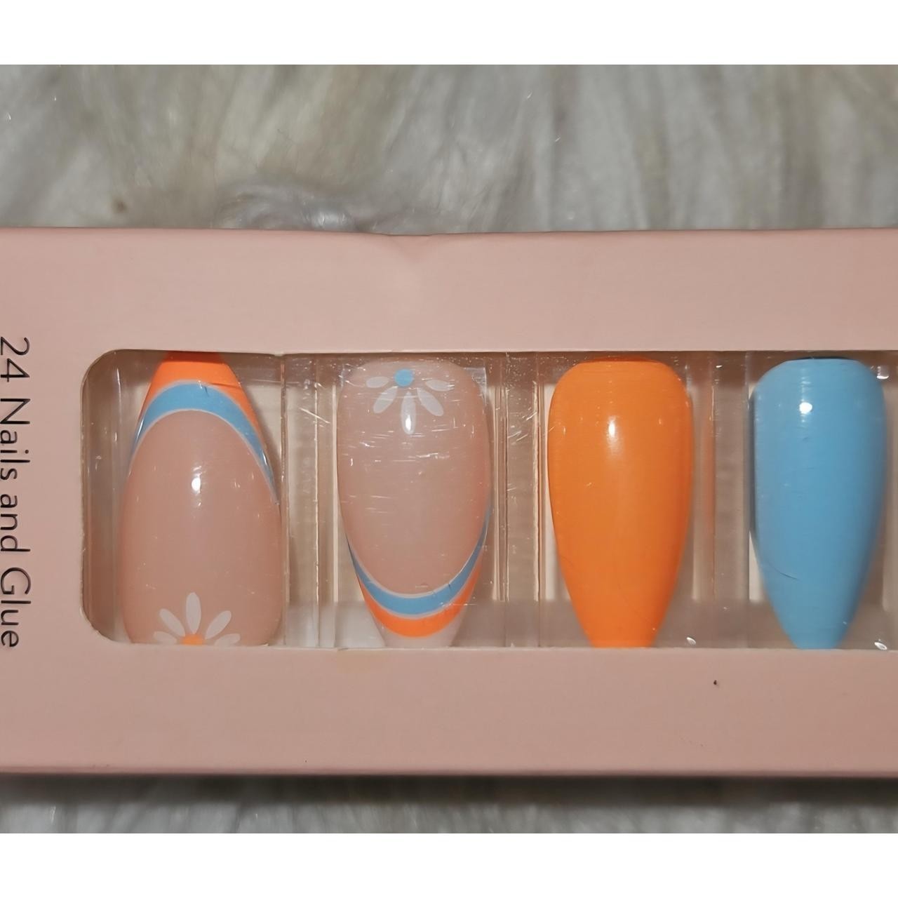 Tip Beauty Press-On Nails | Blue & Orange Floral Set | French Tip | 24 Nails