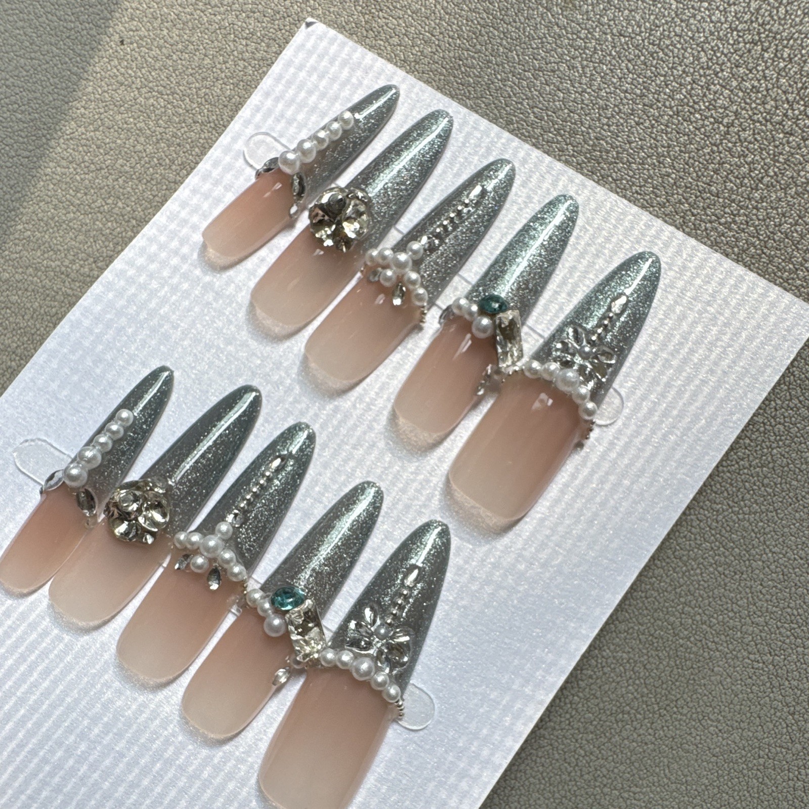 Press-On Nails Long Coffin Nude/Silver Glitter Pearl Rhinestone Full Cover