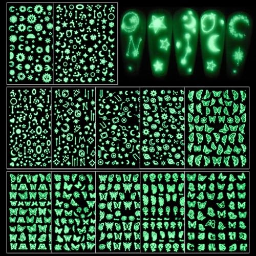 12 Sheets Fluorescence Nail Art Stickers Holographic Butterfly Nail Decals