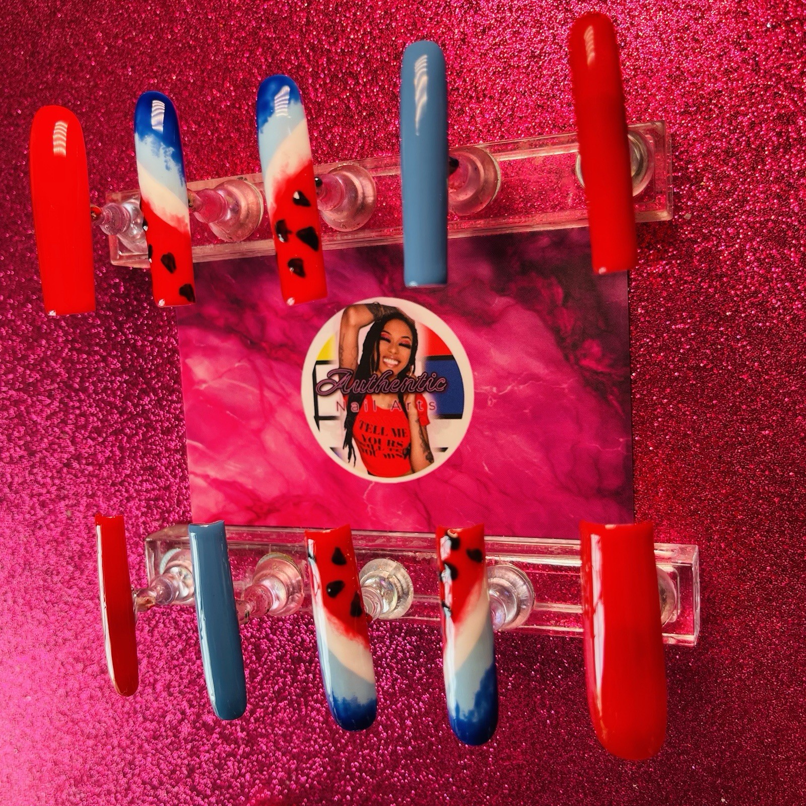 Authentic Nail Arts by Dia Square Press-On Nails Red Blue White Black Patriotic