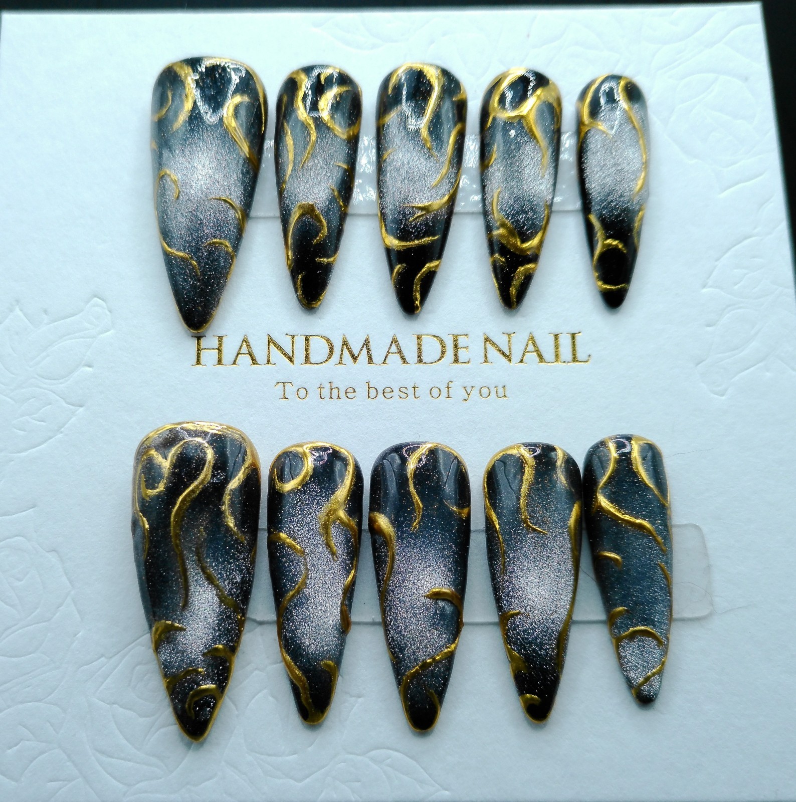 Long Stiletto Cat Eye and Chrome Press-on Nails, Medium Size