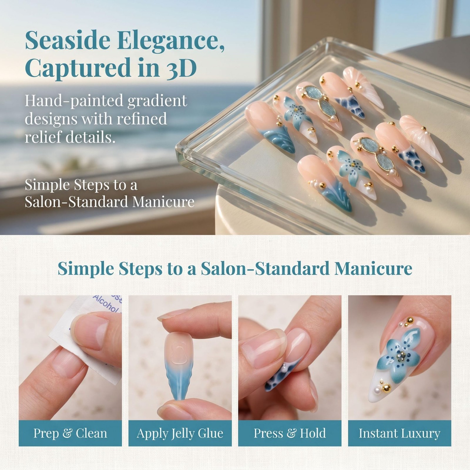 Handmade Long Almond Blue French Tip Press-On Nails | 3D Flower, Cat Eye Designs