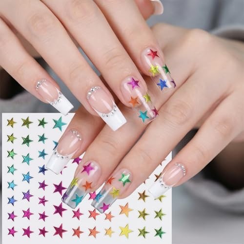 8 Sheets Mixed Color Star Nail Stickers, Self Adhesive Nail Art Decals, Gold