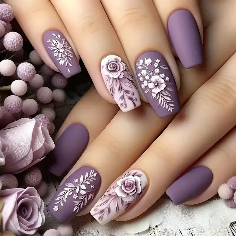 24pcs Matte Ballet Coffin Press-On Nails, Middle Length, Purple & White Floral